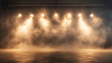 Wall Mural - Empty stage with spotlights and smoke banner background with copy space