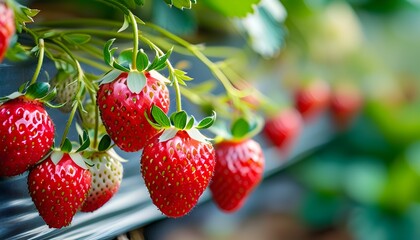 Vibrant Close-Up of Ripe Strawberries Amidst Lush Green Leaves in a Blurred Garden Farm Setting