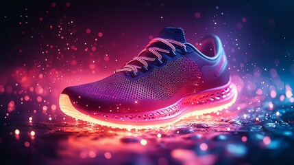 futuristic neon-colored running shoe with glowing lights, displayed in a dynamic and vibrant setting