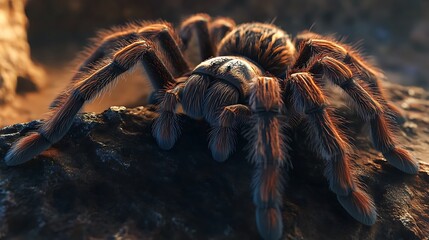 A hairy, dark brown tarantula spider sits on a dark rock with its legs spread out.