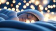 © Thanawat - Child peacefully sleeping with festive lights background Close-up of a young child asleep in a cozy blanket, illuminated by the soft glow of twinkling festive lights in the background