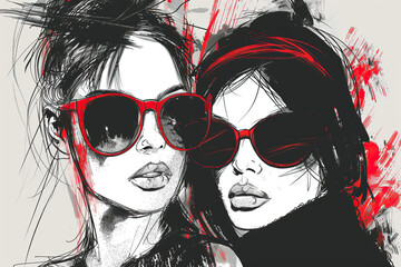 stylized portrait sketch of two girls