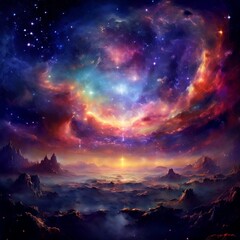 Wall Mural - Stunning image of a vibrant cosmic nebula illuminating an alien landscape. The scene depicts otherworldly terrain under a starry sky, with vivid colors and ethereal lights creating a sense of space