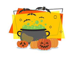 Cauldron with boiling potion and pumpkins vector illustration with flying bats on background. Halloween celebration, magic, holiday concept. Can be used for banner or invitation design