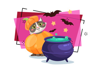 Cute kitten character in pumpkin costume near cauldron with potion vector illustration. Flying bats and stars on background. Halloween, pet, magic concept. Can be used for banner or invitation design