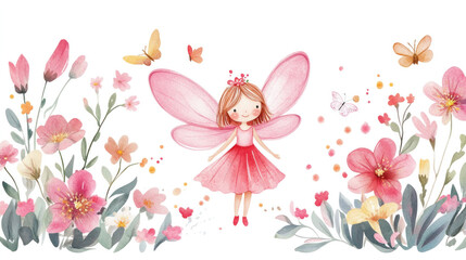 Wall Mural - Pink fairy and flowers watercolor for baby shower or birthday.