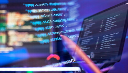 Coding script text on screen. Abstract computer script about big data and blockchain database.