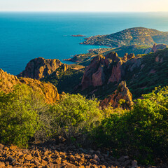 Wall Mural - Blue sea and rock formations in the Esterel massif, France