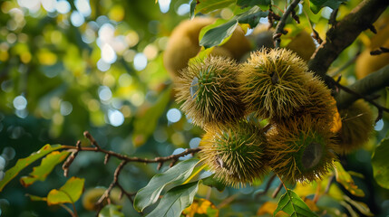 Wall Mural - Closeup of Spiky Chestnut Fruit on a Branch