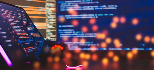 Working atmosphere of a programmer at home, IT business. Monitor closeup of function source code. Project managers