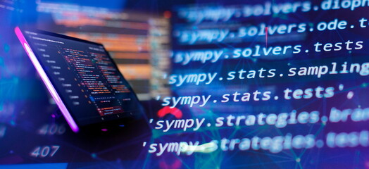 Working atmosphere of a programmer at home, IT business. Monitor closeup of function source code. Project managers