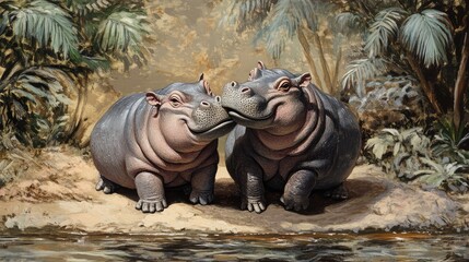 Two pygmy hippos nuzzling each other affectionately