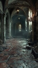 Canvas Print - Dark and Eerie Hallway in an Abandoned Medieval Castle