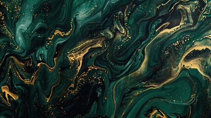 Canvas Print - Rich emerald background with marbled gold and charcoal paint offering an opulent abstract pattern