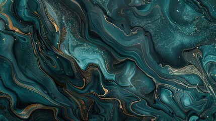 Wall Mural - Deep teal background with bronze and gray marbled ink creating a sophisticated abstract composition