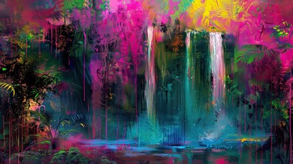 Sticker - Dynamic wallpaper with emerald and fuchsia strokes depicting a rainforest and waterfalls