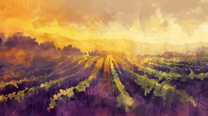 Wall Mural - Bold violet and golden strokes form a high-contrast vineyard landscape under a dawn sky wallpaper