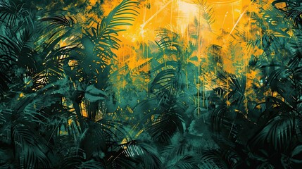 Sticker - Amber and forest green brushstrokes depict a dense jungle canopy with sunlight filtering through wallpaper