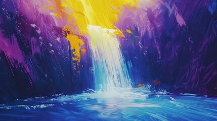 Wall Mural - High-energy abstract background with yellow and purple showing a scenic waterfall