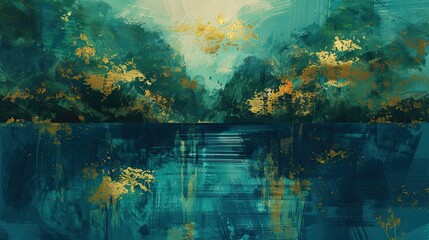 Sticker - Teal and gold wallpaper illustrating a tranquil lake surrounded by a bright sky