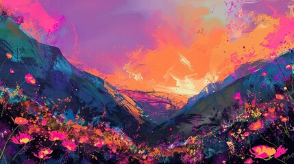 Poster - Dynamic fuchsia and olive backdrop forming a scenic valley with wildflowers at dawn