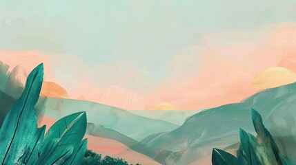 Canvas Print - Teal and peach backdrop depicting a lush valley with a colorful sunrise sky