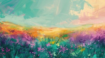 Canvas Print - Emerald and lavender background showing a meadow with colorful wildflowers and bright sky