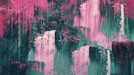 Sticker - Magenta and green wallpaper forming a misty rainforest with cascading waterfalls