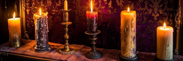 Enigmatic scene with magic candles, fire, and tarot items against a mysterious dark backdrop