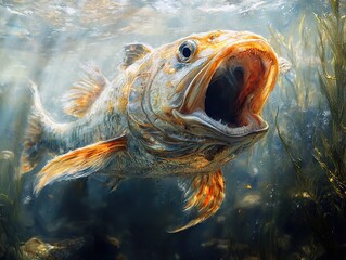 Wall Mural - Close-Up of a Fish with Open Mouth Underwater