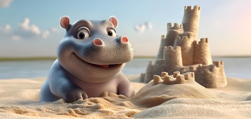 a cheerful cartoon hippo builds a sandcastle on the beach, enjoying a sunny day by the water with a 