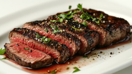 Wall Mural - A sliced steak with a rich, red interior, garnished with fresh herbs and a sprinkle of black pepper, presented on a white plate for a clean and appetizing visual.