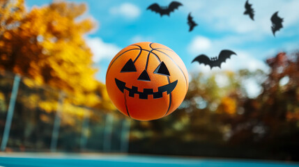 Halloween pumpkin jack-o-lantern face on basketball ball with basketball court background, halloween and sport concept