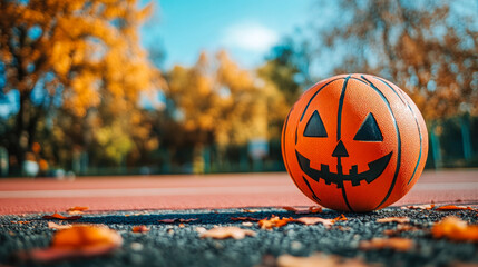 Halloween pumpkin jack-o-lantern face on basketball ball with basketball court background, halloween and sport concept