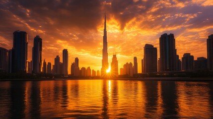 Canvas Print - A stunning sunset view of tall skyscrapers along a riverbank, with the golden light reflecting off the water and creating a dramatic skyline silhouette.