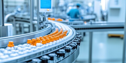 Sticker - Pharmaceutical production line with medicine packaging conveyor belt in a modern manufacturing facility. Quality control in medicine factory. 