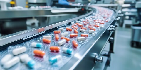 Poster - pharmaceutical factory production of medicines conveyor 