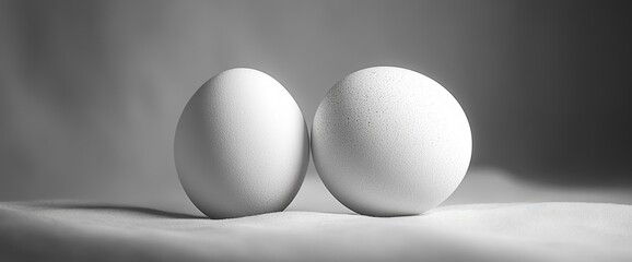 A monochrome image of two white eggs resting close together on a soft surface.