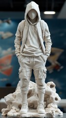 Minimalist fashion sculpture featuring a faceless figure in casual attire, embodying modern streetwear culture.