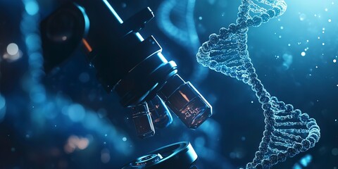 Sticker - Microscope and DNA molecule. Biotechnology concept