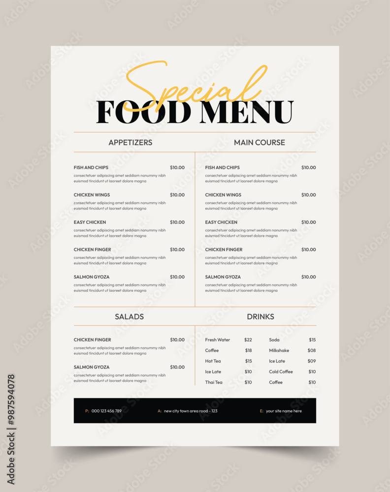 Restaurant Menu Template, A4 size, Fast Food, Flyer Design, Simple ...