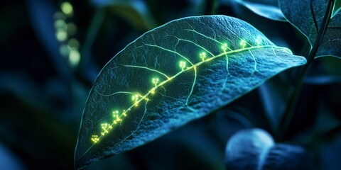 Wall Mural - illustration of a bioengineered leaf with glowing genetic markers, symbolizing innovation in plant b