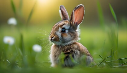 Adorable rabbit nestled in lush spring grass