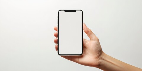 Poster - Hand holding a smartphone with empty screen isolated on white background