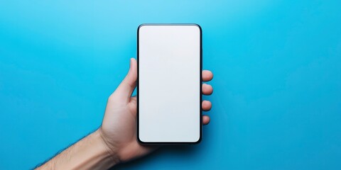 Wall Mural - Hand holding a smartphone with a blank white screen against a blue background, offering a clear display for a mockup or app presentation. 