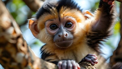 Playful baby Gelada monkey swinging joyfully among the branches of a tree