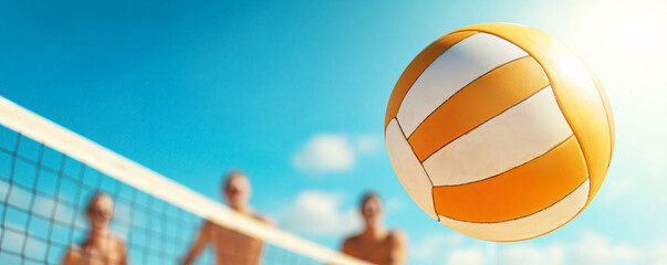 Lively beach volleyball game with friends enjoying sunny day