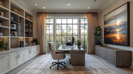 Elegant home workspace featuring a modern chair, large desk, and artwork, designed for focused work