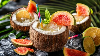 A tropical cocktail in a coconut with a colorful paper straw, surrounded by fresh fruit garnishes, capturing a fun and festive drink presentation.