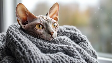 Cozy sphynx cat wrapped in a warm knit blanket by the window